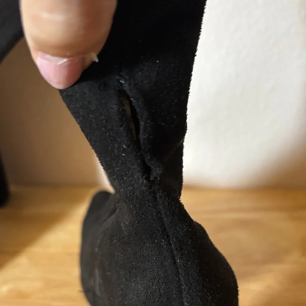 Women's Black Suede Pointed Toe Block Heel Ankle Boots Zip Up